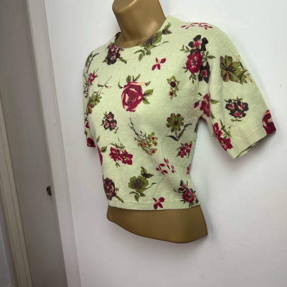 Twiggy Vintage Lambswool Rabbit Fur Green Red Rose Print Cropped Soft Sweater M - Picture 4 of 15
